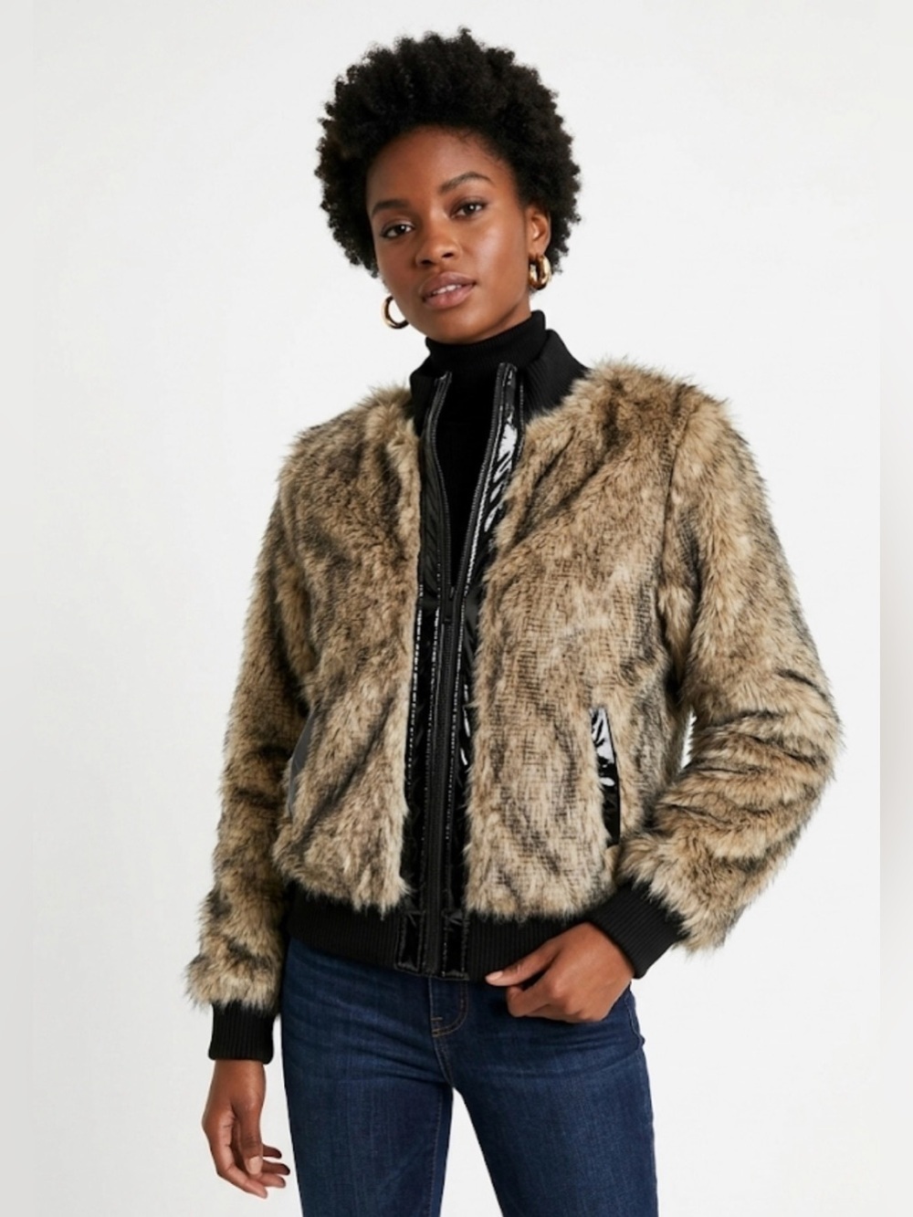 Vertigo Paris Faux Fur Bomber Jacket Tan Black Patent Leather Trim Size L